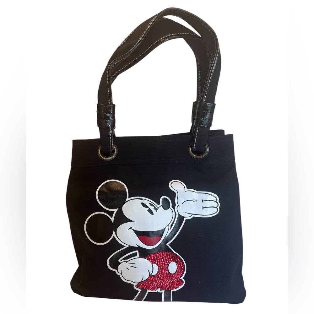 Vintage Sequin Mickey Mouse Dark Black Canvas Tote Bag with Red Interior.  NWOT